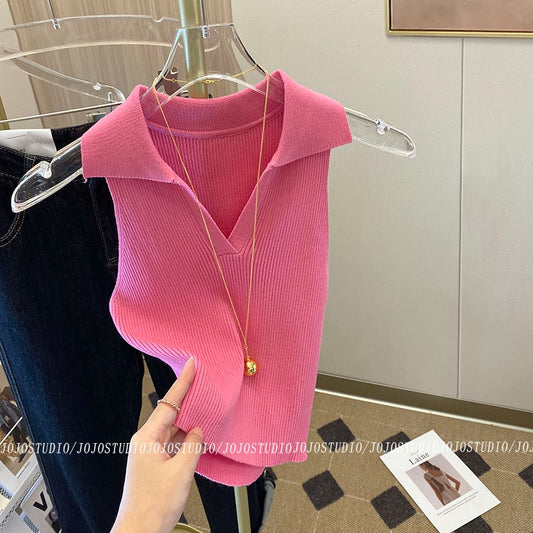 Hong Kong flavor pink polo collar knitted vest female 2023 spring and summer new chic hot girl sexy halter neck sleeveless top