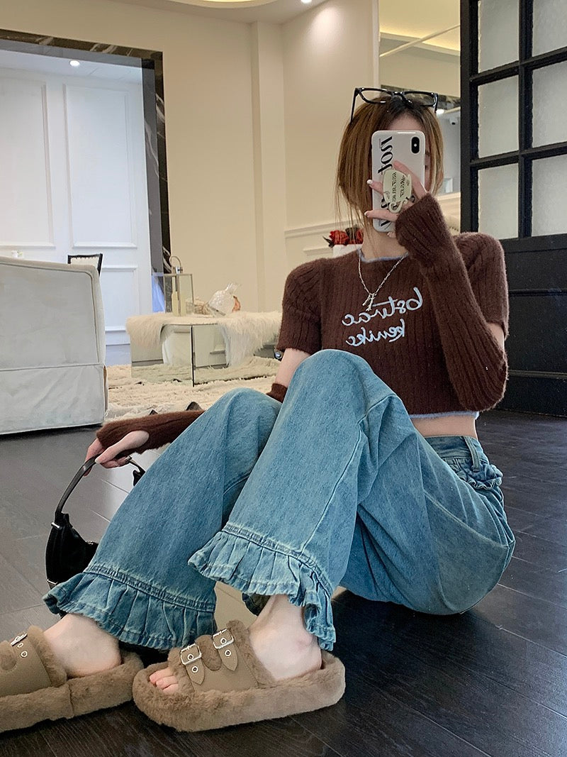 Light-colored retro straight jeans women's spring all-match mopping trousers high waist loose design wide-leg pants