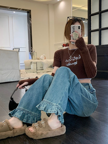 Light-colored retro straight jeans women's spring all-match mopping trousers high waist loose design wide-leg pants