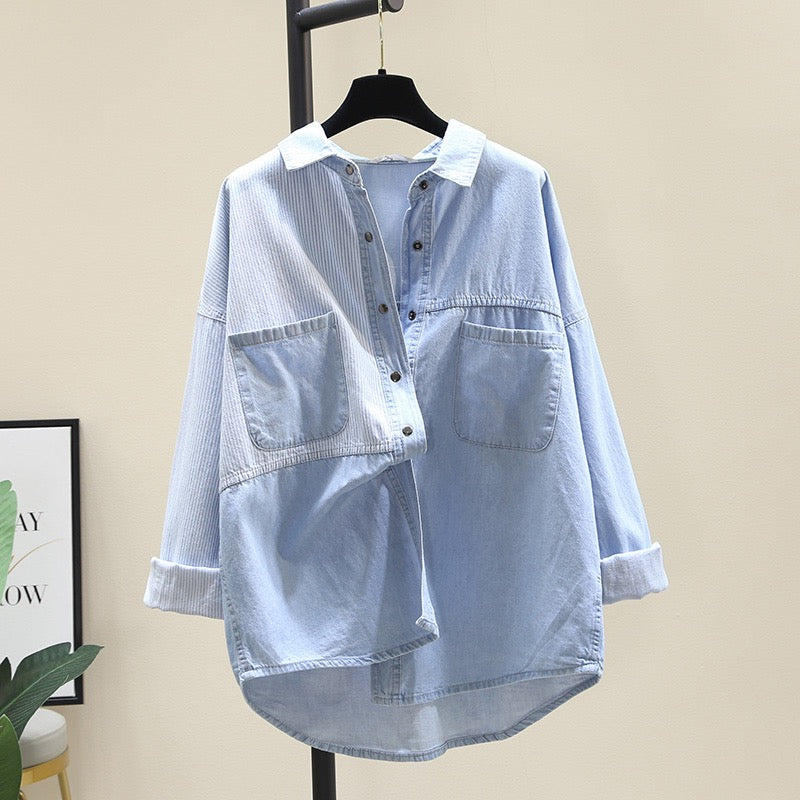 Design sense niche denim shirt women 2023 spring new light familiar style striped stitching shirt retro thin coat