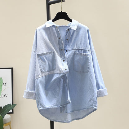 Design sense niche denim shirt women 2023 spring new light familiar style striped stitching shirt retro thin coat