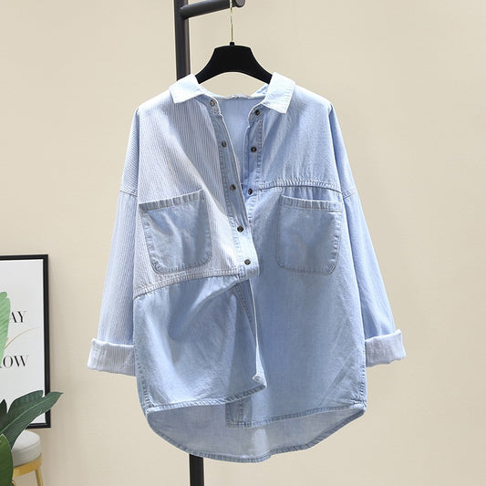 Design sense niche denim shirt women 2023 spring new light familiar style striped stitching shirt retro thin coat