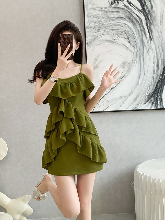 2023 summer new celebrity temperament pure desire style sexy lotus leaf edge self-cultivation thin and small suspender dress