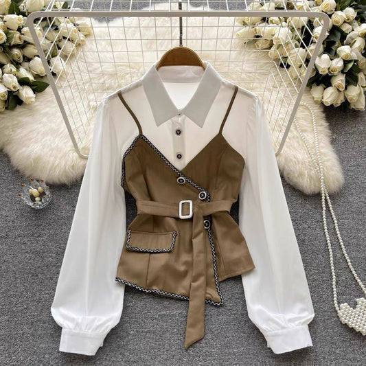 French design, niche, waist, contrasting color, long-sleeved shirt, top, autumn women's clothing, western style, chic and beautiful small shirt