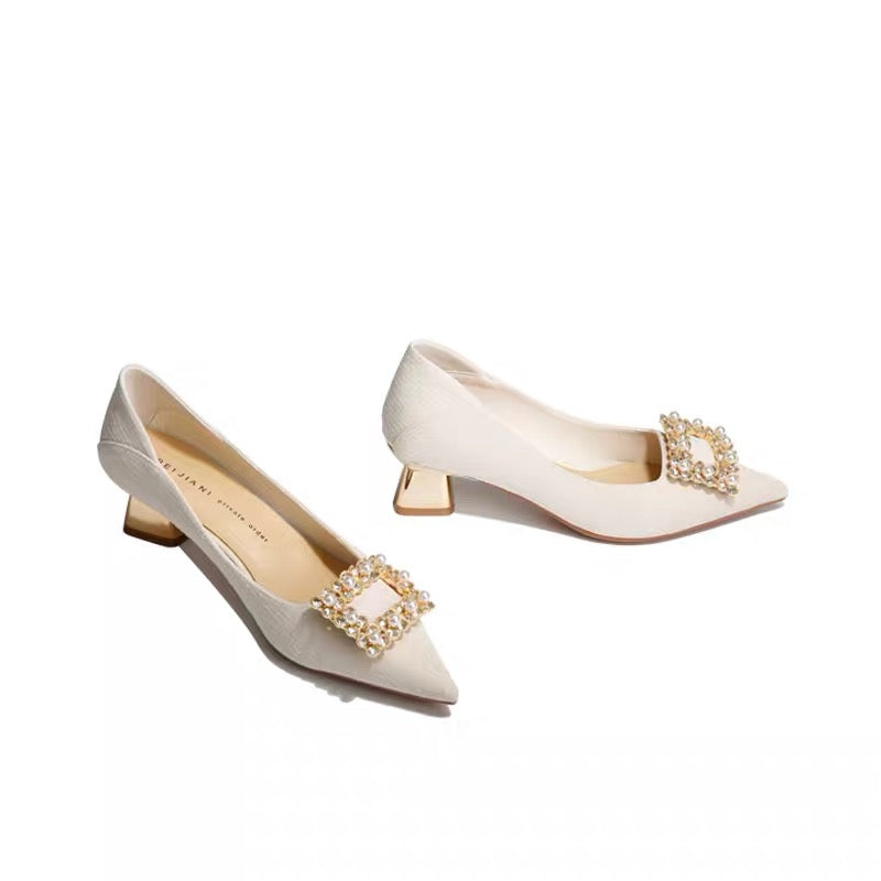AUENODLS leather French square buckle pointed toe thick heel single shoes wedding shoes nude white simple and generous high heels women