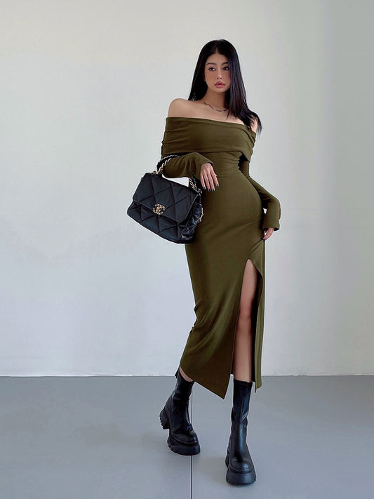 liviahome waist-to-hip ratio god! French sexy one-shoulder brushed large lapel slit skirt long dress