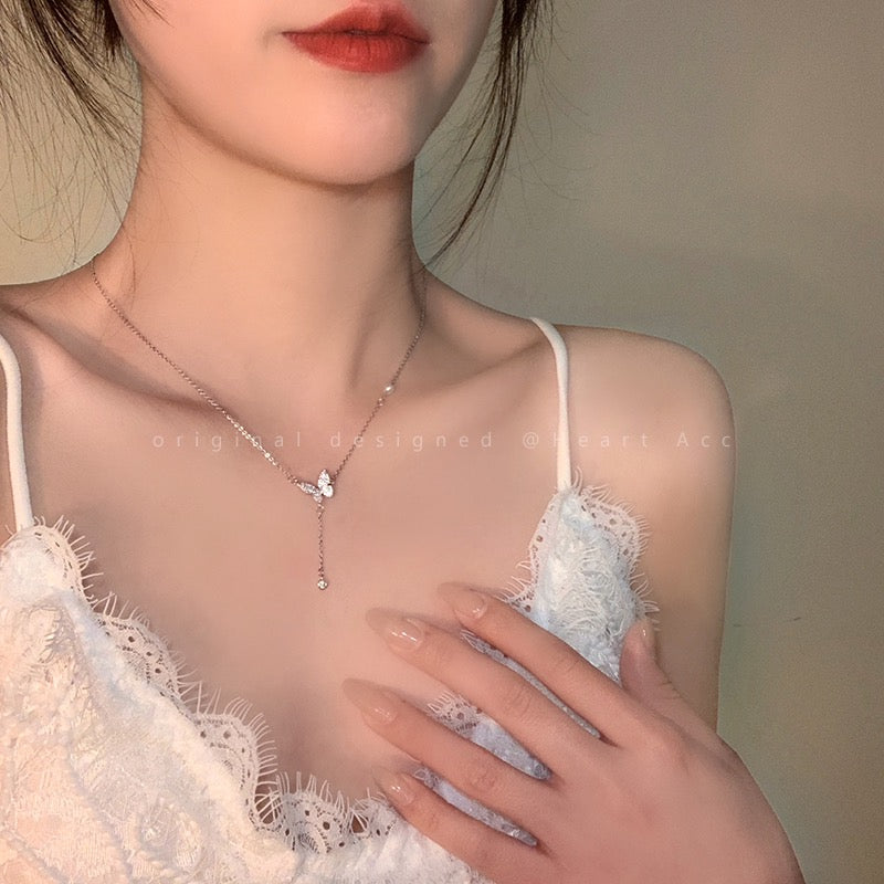 Butterfly Tassel Zircon Necklace Women Korean Light Luxury High-end Delicate Clavicle Chain Spring Niche Design Sense Necklace