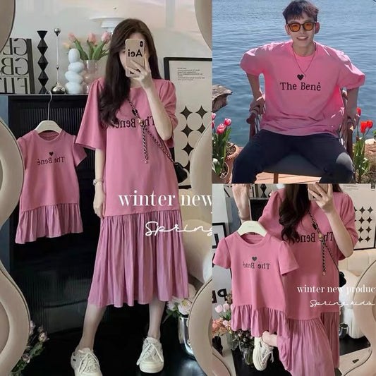 Korean children's clothing parent-child clothing summer new family of three love letter stitching short-sleeved dress mother and daughter foreign style 7647