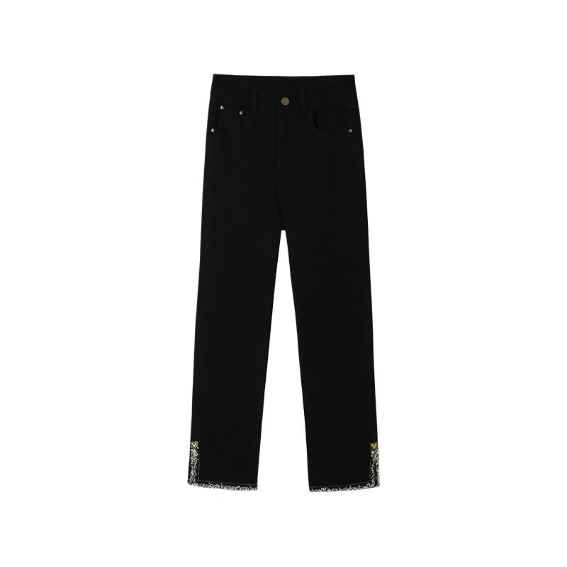 Small Grain High Waist Slit Retro Straight Jeans Female 2023 Spring Dress Small Design Slim Pants