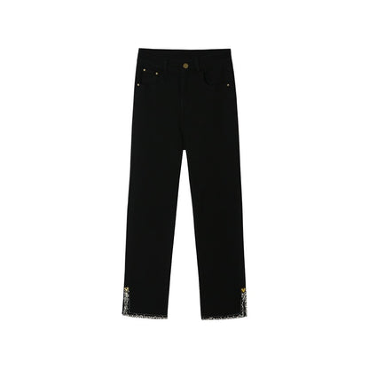 Small Grain High Waist Slit Retro Straight Jeans Female 2023 Spring Dress Small Design Slim Pants