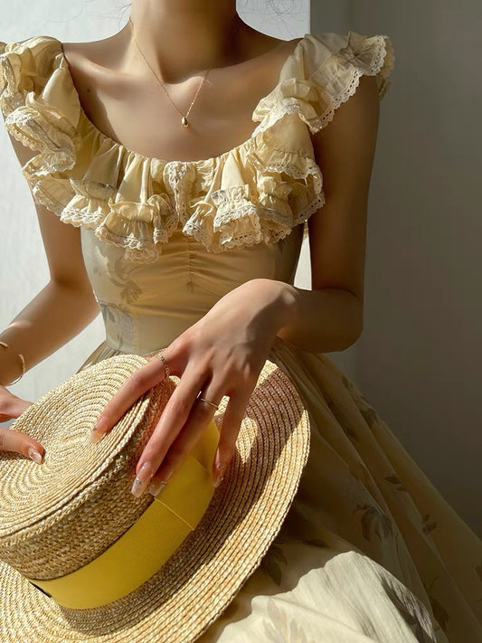 Aconiconi｜Palace Lantern Lily French Oil Painting Yellow Print Holiday Style Large Swing Mid-Length Waist Dress