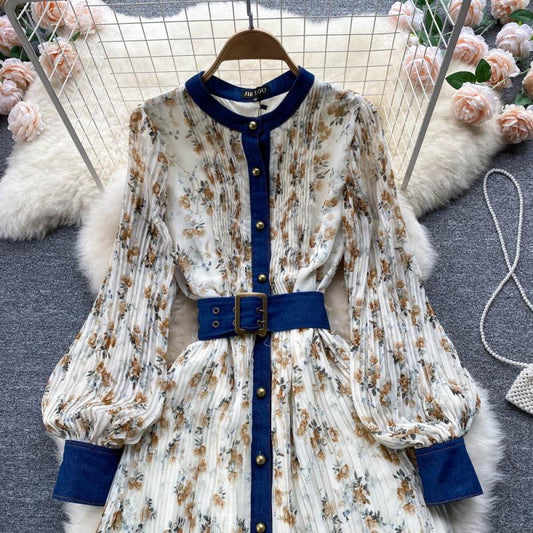 Feminine single-breasted lantern sleeves round neck floral chiffon dress French retro knee-length a-line long skirt