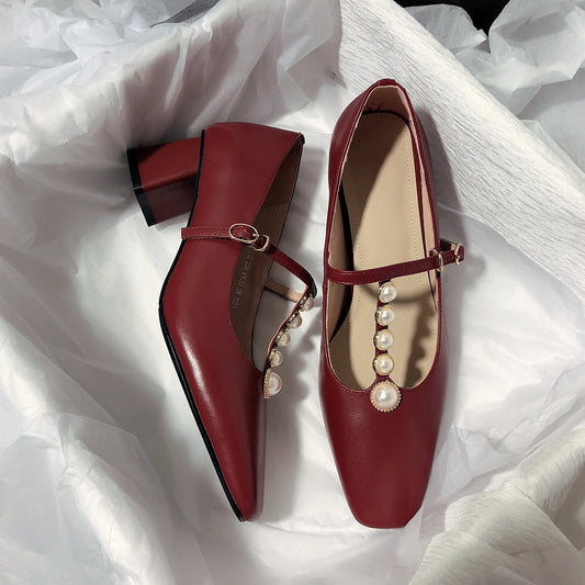 Senyu Haixiang 2023 new leather high-heeled literary T-shaped shoes retro pearl Korean version sweet all-match single shoes
