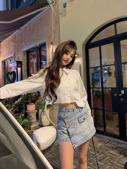 Qiaoqiao qiaoqiao "Long-legged mvp" spring design with old-fashioned splicing hot girl denim short skirt