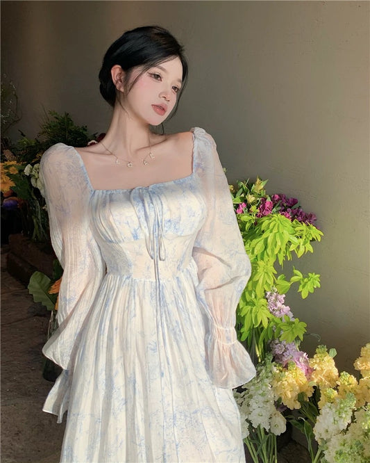 Puff Sleeve Dress Women's Spring Floral French Sweet Square Neck Waist Slimming Mid-length A-line Skirt