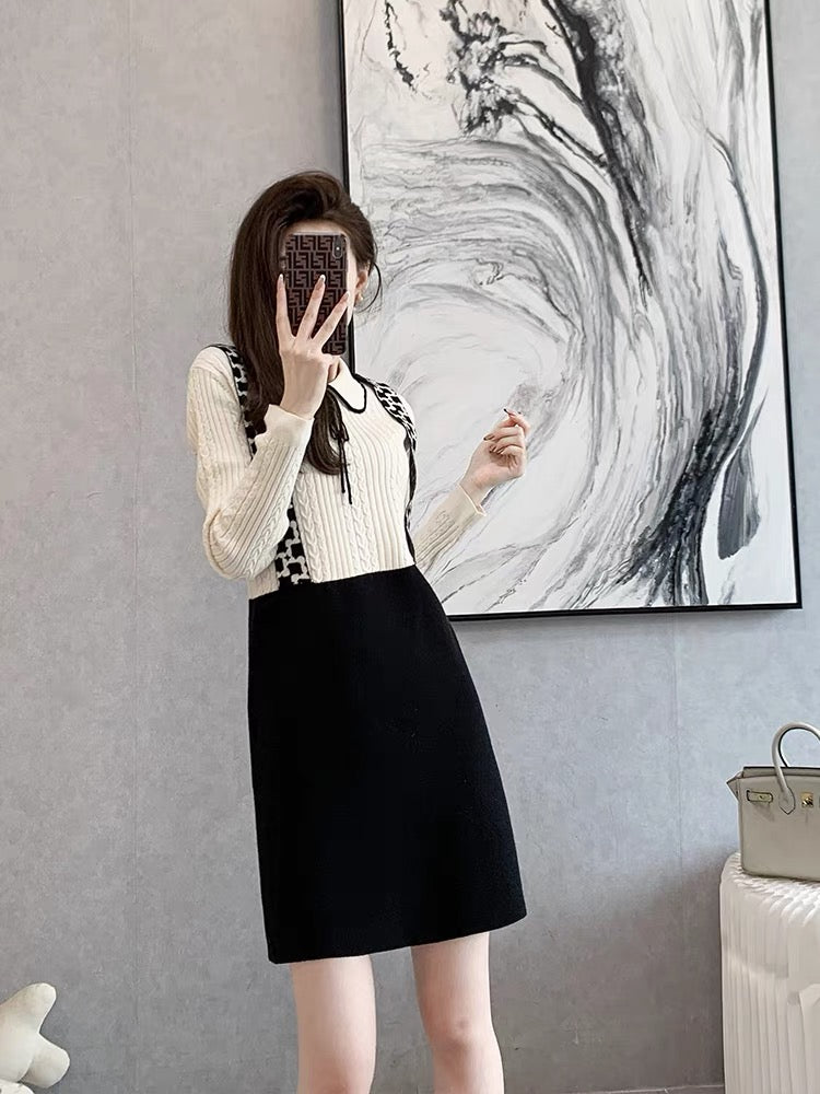 Autumn and winter high-end black knitted dress 2022 new women's French high-end fake two-piece small skirt