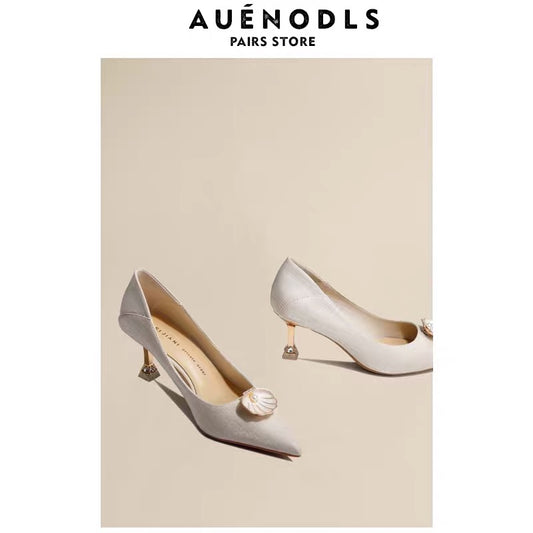 AUENODLS leather French temperament pearl shell high heels female silver silk white nude main wedding bridesmaid wedding shoes