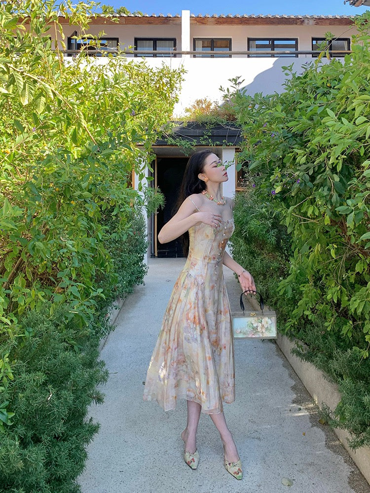 Xiaoli After the Rain Rose Floral Chiffon Sling Dress Spring 2023 New French Holiday Fairy Long Skirt