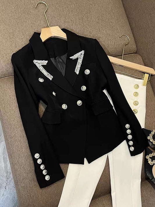 2022 new jacket diamond fashion Korean casual suit autumn black slim suit jacket female 6851