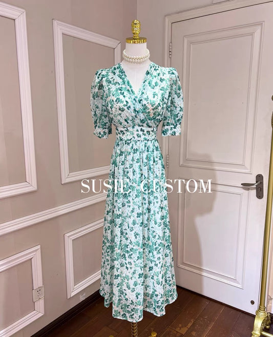 Customized showing temperament irregular gradient color printing pleated V-neck puff sleeves waist A-line skirt long skirt dress