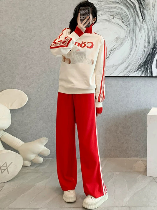 Tide brand fried street sports suit women's autumn 2022 new loose fashion high-neck sweater wide-leg pants casual two-piece suit
