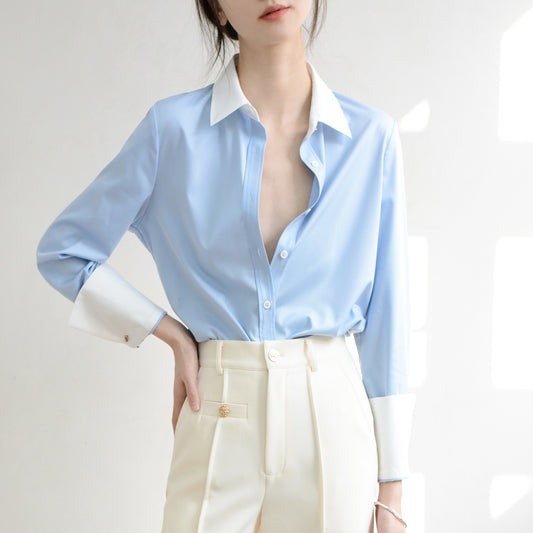 TRR Contrast color private collection fashion temperament slightly loose long-sleeved new blue shirt female design simple top