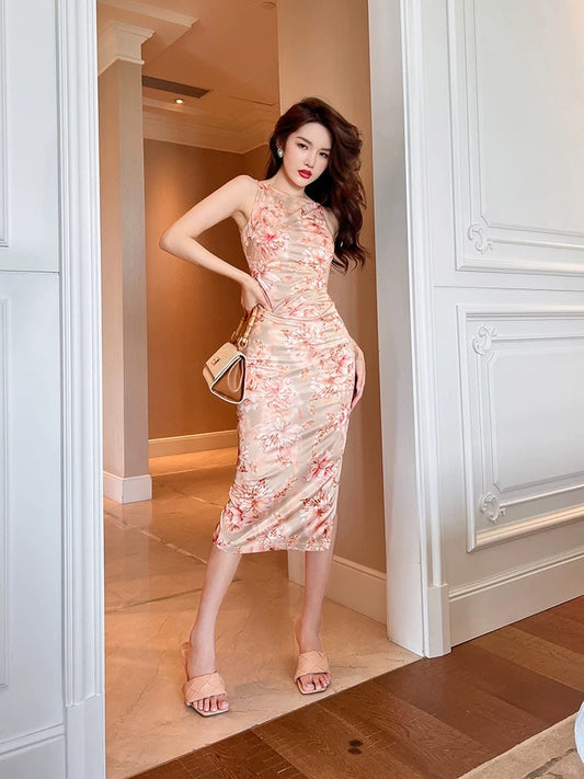 European station Greek style dress summer French sleeveless luxury sexy temperament goddess fan floral suspender skirt