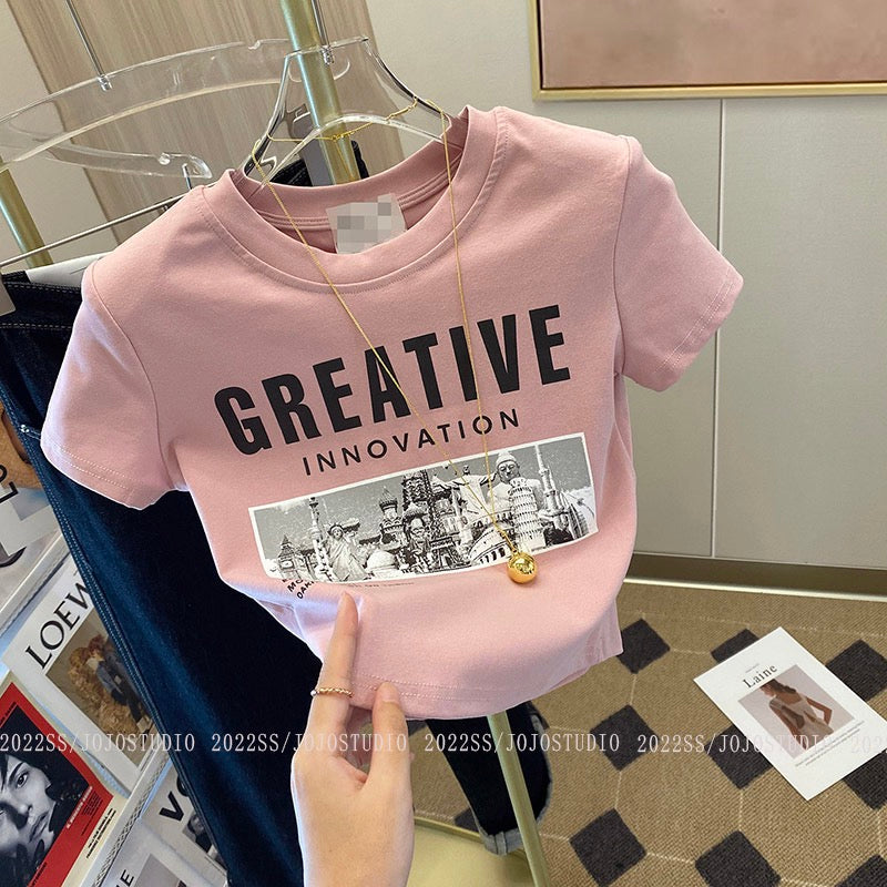 Letter printing front shoulder short-sleeved t-shirt women's summer 2023 new niche chic unique slim waist short top