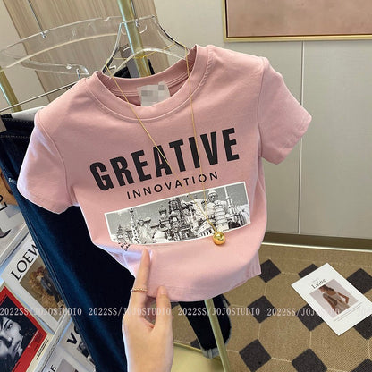 Letter printing front shoulder short-sleeved t-shirt women's summer 2023 new niche chic unique slim waist short top