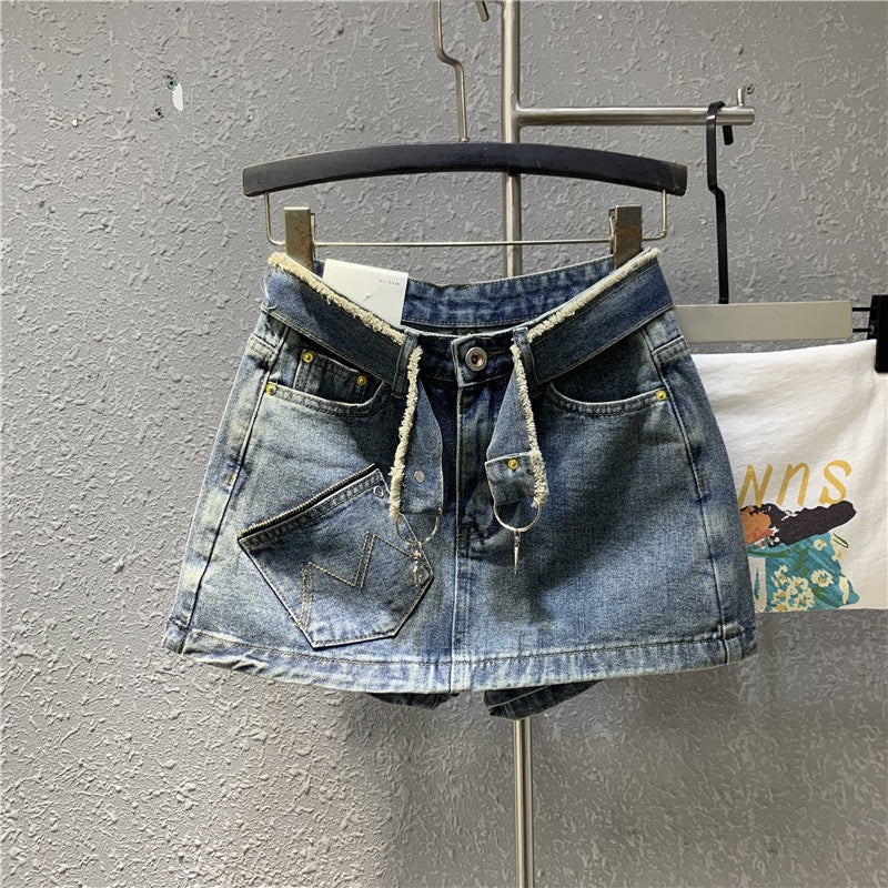 Original 2023 spring new retro light blue denim a-line skirt sexy zipper pocket petite skirt