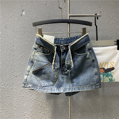 Original 2023 spring new retro light blue denim a-line skirt sexy zipper pocket petite skirt