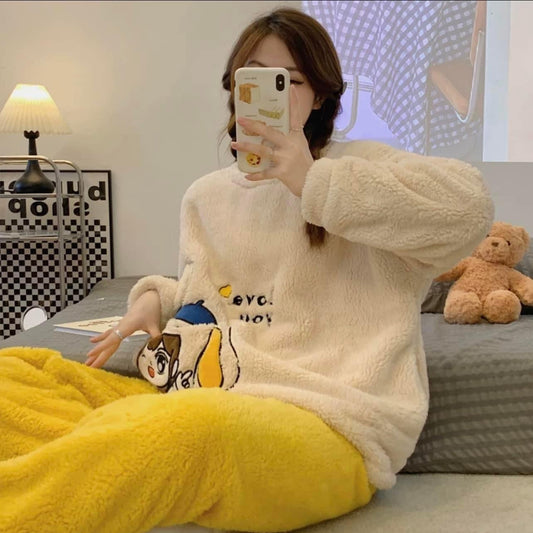 2022 new coral fleece pajamas women's autumn and winter thickened cute cartoon flannel home clothes casual suit winter