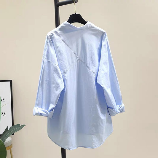 Blue shirt women's 2022 early spring new Korean version literary fan small fresh loose shirt chic top short coat