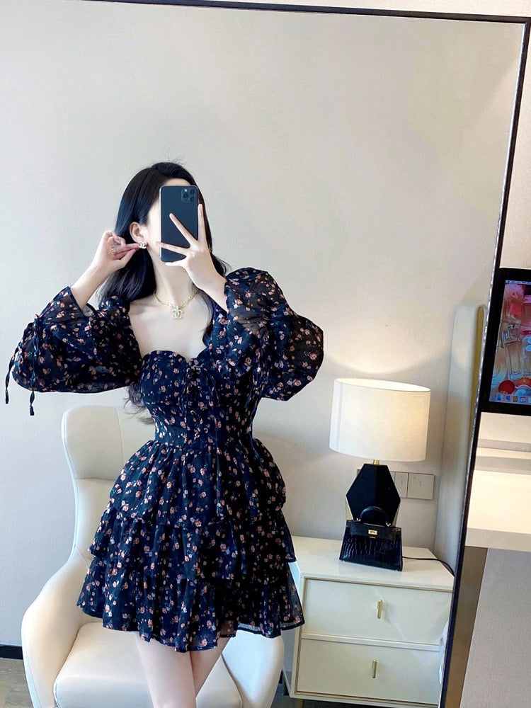 Black Floral Dress 2023 Spring and Autumn New French Temperament Ladies Bandage Tube Top Sweet A-line Cake Dress