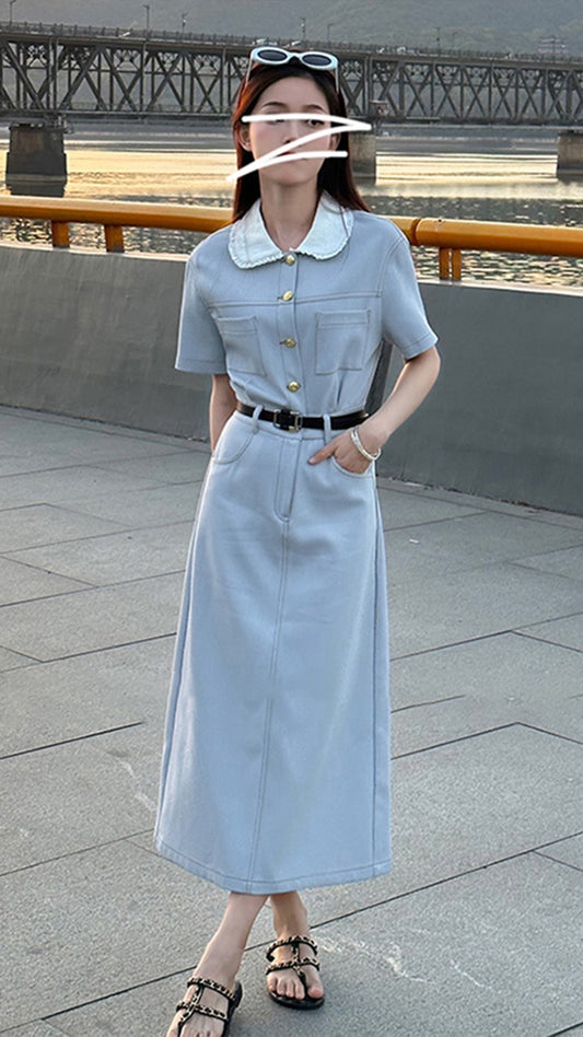 Blue doll collar dress women's tea break French belt style thin long skirt small fragrance summer 2023 new style
