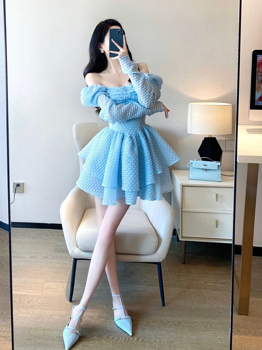 Princess tutu skirt spring women's 2023 new French square collar puff sleeves sweet a-line cake skirt dress2018