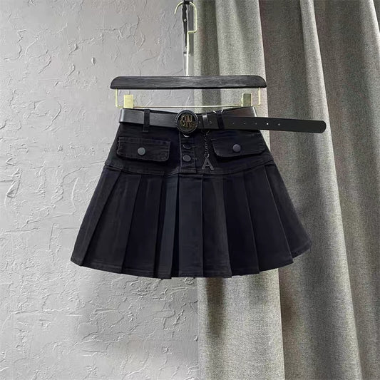 2022 autumn new Korean version all-match high-waisted single-breasted pleated A-line short skirt black denim skirt women Q136