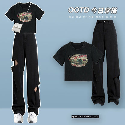 Salt style wears Yujie two-piece ripped jeans women's 2023 popular retro American print short top summer