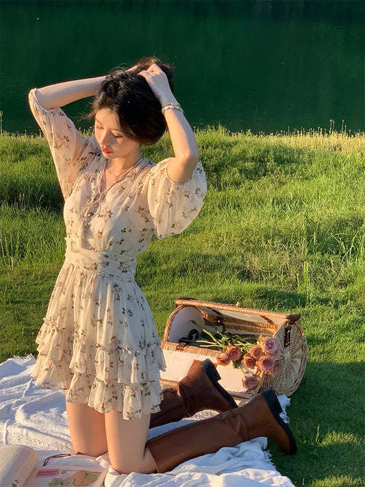 French lazy style v-neck puff sleeve dress high waist chiffon printed tea break short skirt women's summer 2022 new