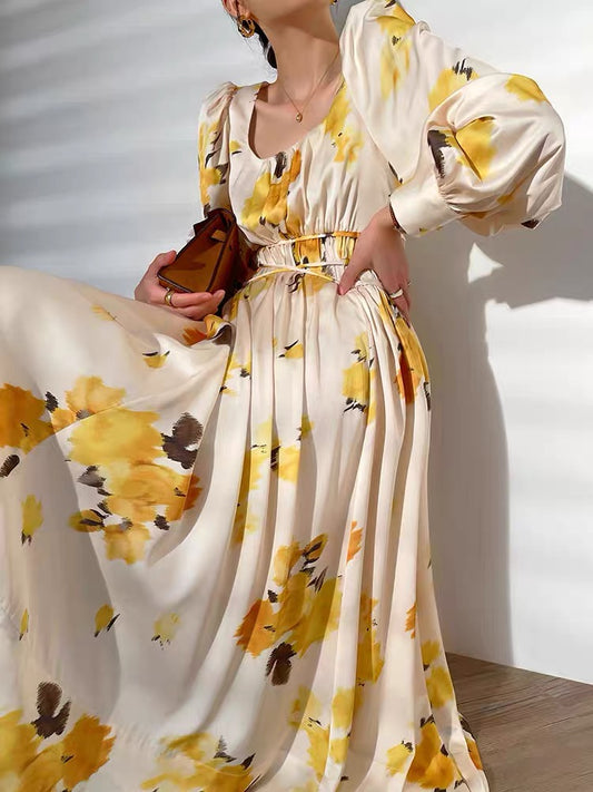 Aconiconi｜French elegant and romantic niche print dress autumn new retro square neck holiday midi skirt