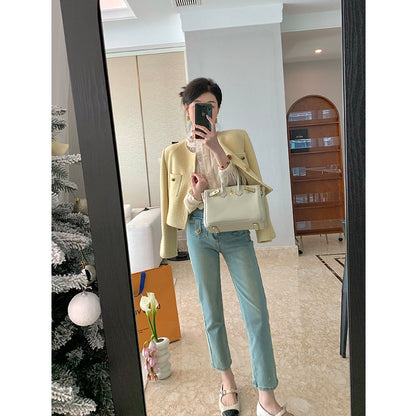 MUKOK wool small fragrance short jacket female 2023 spring new solid color temperament fashion all-match small top