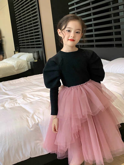 Original girls' knitted wool skirt 2022 autumn and winter long-sleeved children's clothing Western style dress children's princess mesh skirt