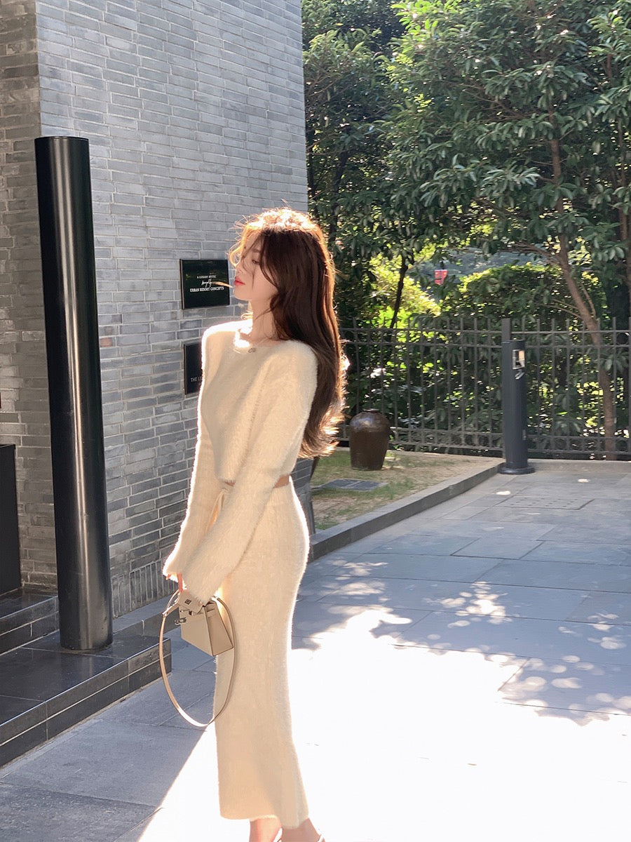 ByYou winter high-quality apricot imitation mink knitted sweater suit women's thickened long hip skirt two-piece set