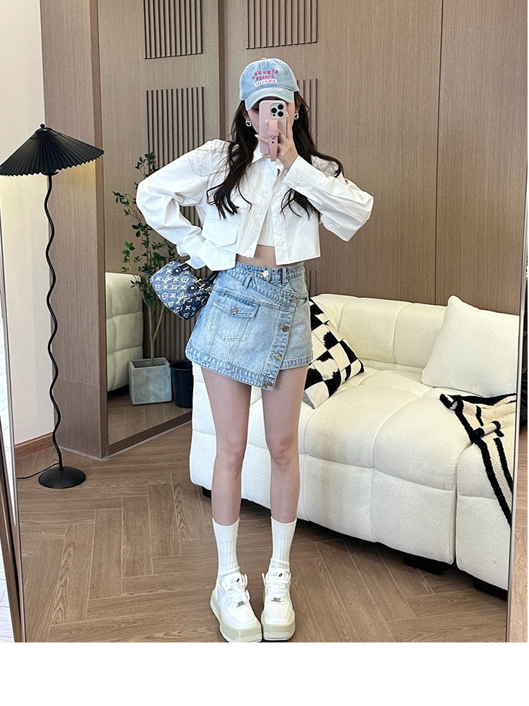 Qiaoqiao qiaoqiao "Long-legged mvp" spring design with old-fashioned splicing hot girl denim short skirt