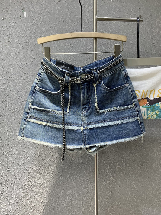 Original trendy brand 2023 spring new raw edge retro hot girl blue denim skirt small a-line half skirt