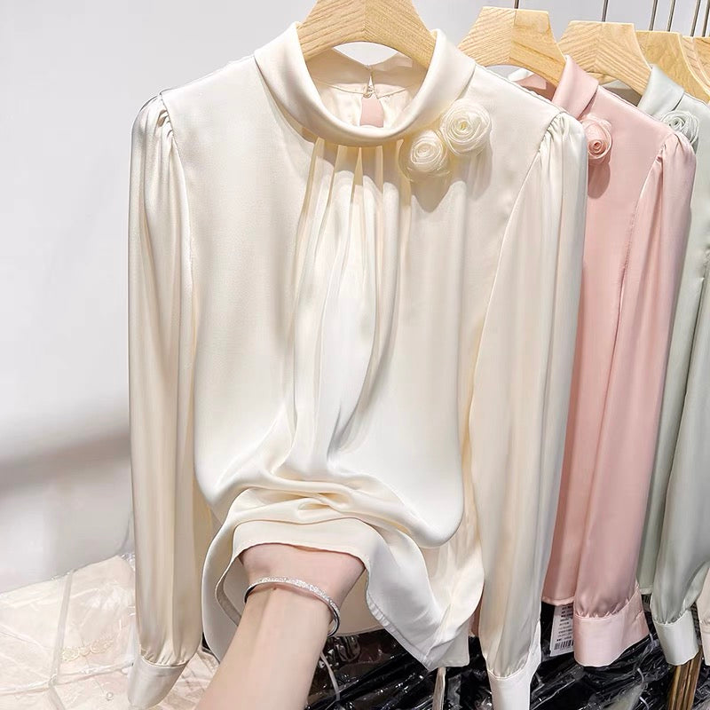 2022 new French temperament thin stand-up collar flower solid color pullover long-sleeved chiffon shirt women's autumn thin shirt