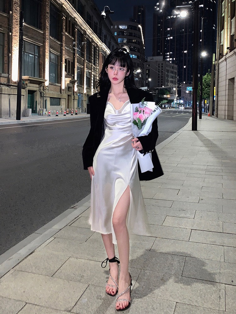 Aunt Barbie satin suspender dress spring women's 2023 new swing collar sexy hot girl slit bag hip dress
