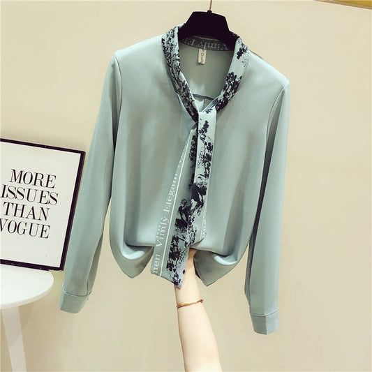 Ribbon shirt long-sleeved design sense niche 2022 early autumn women's new fashion loose shirt temperament chiffon top