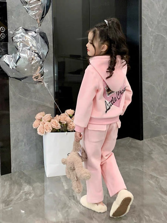 Original girls' autumn and winter models 2022 new velvet suits children's leisure sports baby fashion two-piece suit