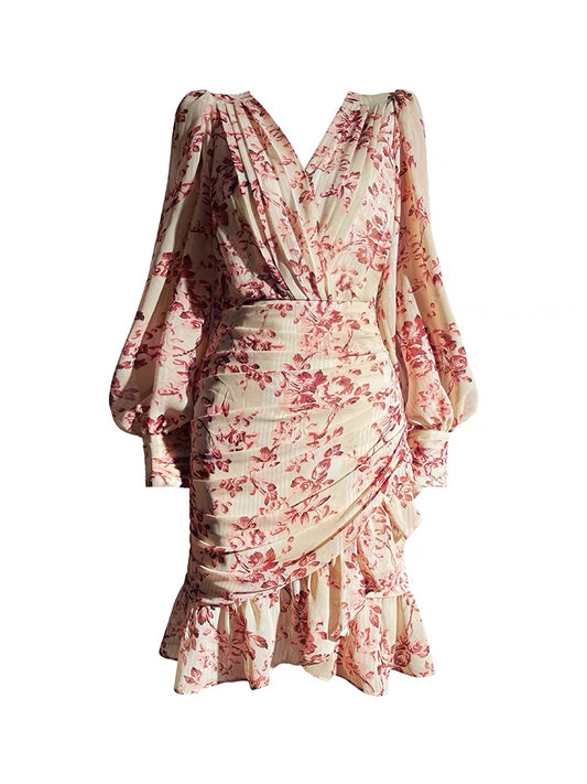 Aconiconi｜French retro feminine print dress design niche fishtail dress with hip skirt